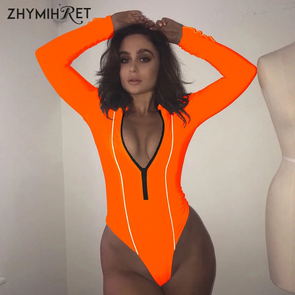 ZHYMIHRET светоотражающие полосы лоскутное неоновое боди с v образным вырезом на