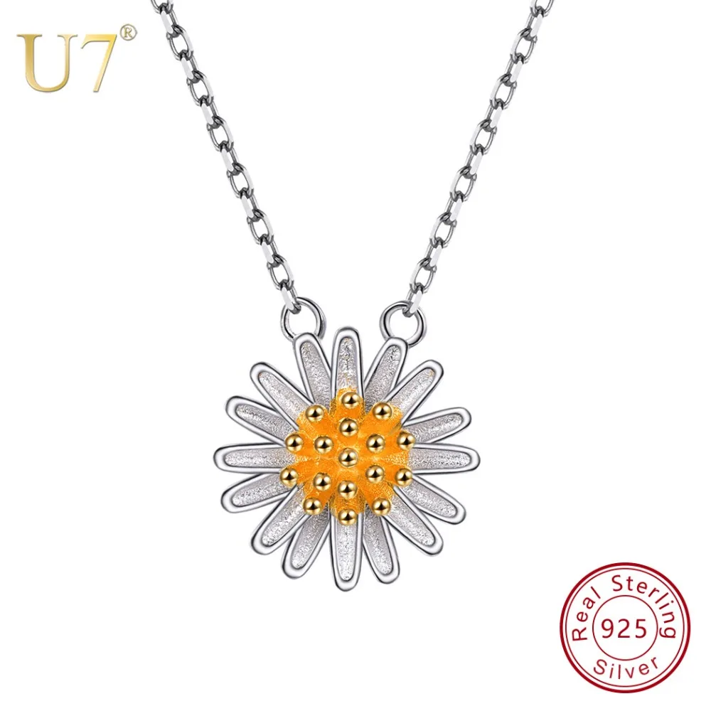 

U7 100% 925 Sterling Silver Two Tone Flowers Daisy Pendant & Chain 2018 Valentine's Day Gifts For Women Jewelry Necklace SC42
