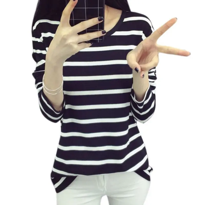

Harajuku T shirt Women Round Neck Striped Long Sleeve T-shirts For Women Slim Wild Black White T-shirt Plus Size