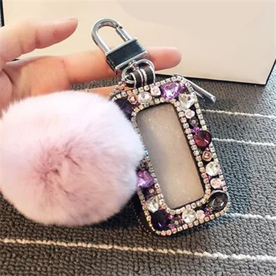 light purple ball Цветные стразы прозрачный Автомобильный ключ сумка для женщин из натуральной кожи автомобильный кошелек-брелок для ключей с различными цветами пушистый шар - Цвет: light purple ball