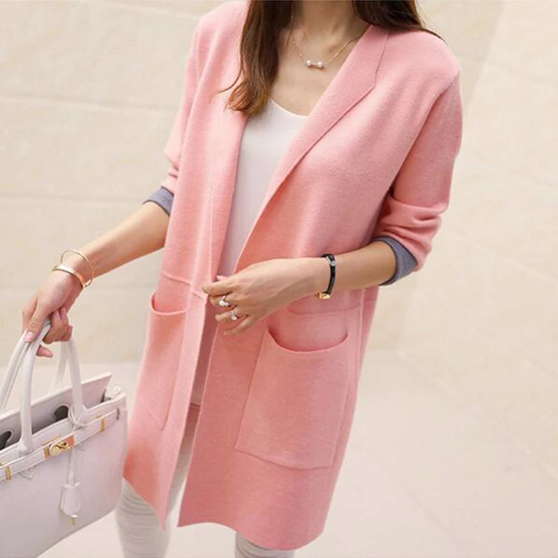 Женский длинный свитер Свободный Вязаный Кардиган с длинным рукавом на осень и