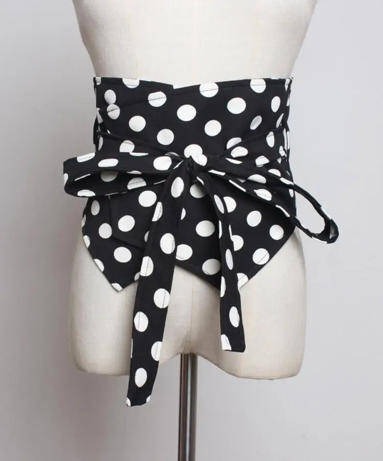 Vintage Dot Print Cummerbund Women Fashion Bandage Bow Chain Wide Belts for Women Pearl Buckle Belt Women's Clothing Accessories