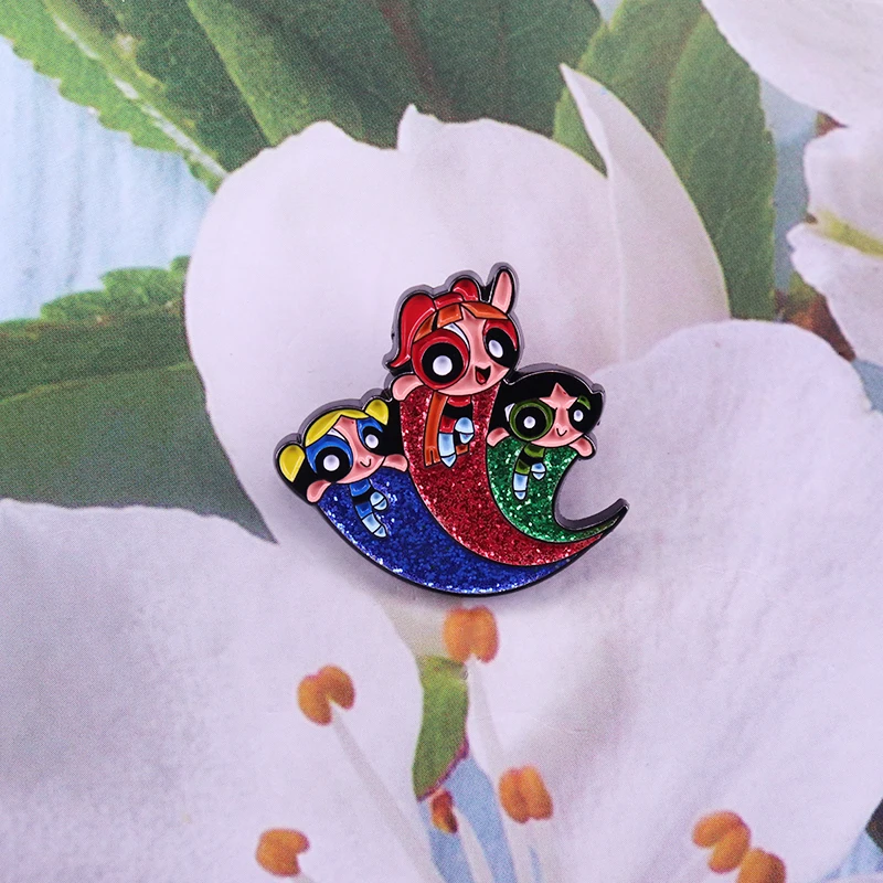 Powerpuff Девушки Блеск Эмаль Булавка феминистка супергерой брошь милый мультфильм шляпа рюкзак Декор