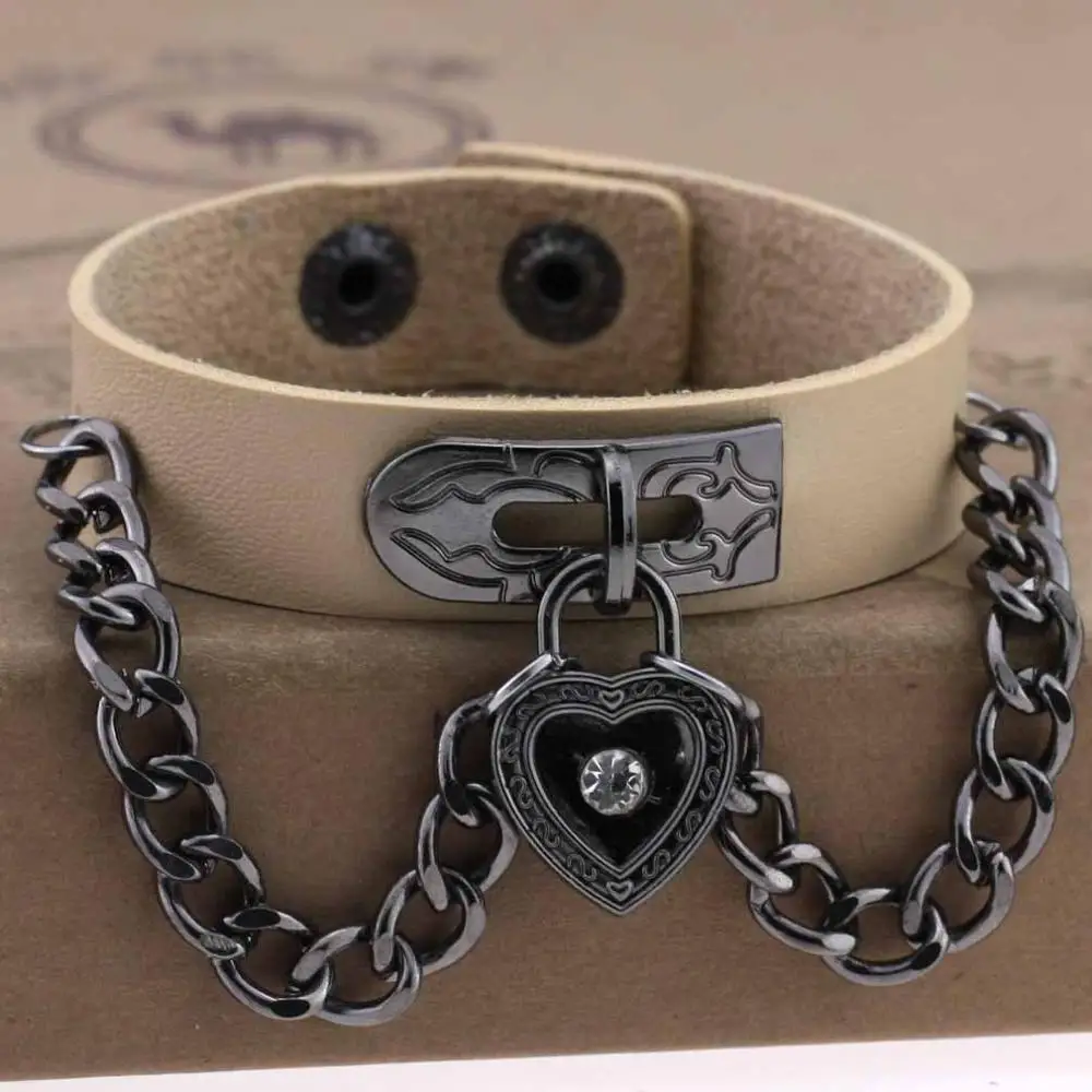 Skin Панк готика Стразы Сердце шипы цепи кожаные манжетные браслеты Pulseira Masculina ювелирные изделия Шарм Bileklik Pulseiras - Окраска металла: Skin