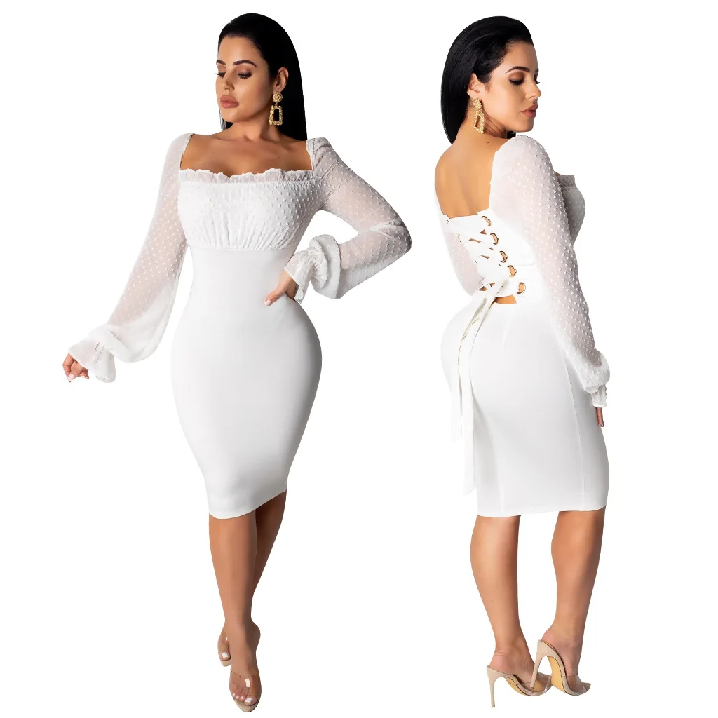 2019 Women Lace-up Sexy Hollow Out Long Sleeve Point Chiffon High Waist Bodycon Midi Dress Vintage England Style Dresses 6265 | Женская