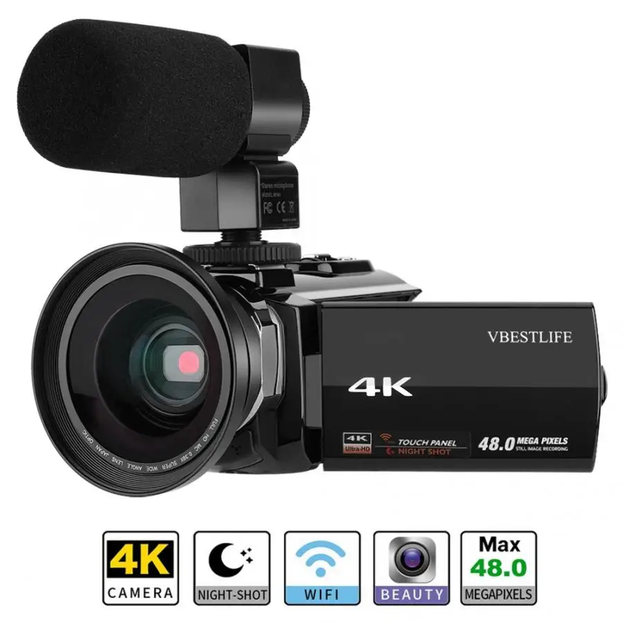 Видео камера 4K 48MP WiFi цифровая видеокамера с широкоугольным макро объективом+ внешний микрофон camara de video