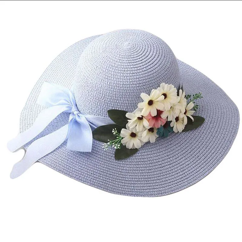

New Design Women Flowers Straw Hat Female Summer Casual Bow Beach Hat Outdoor Travel Sun Hats All-Match For Gifts
