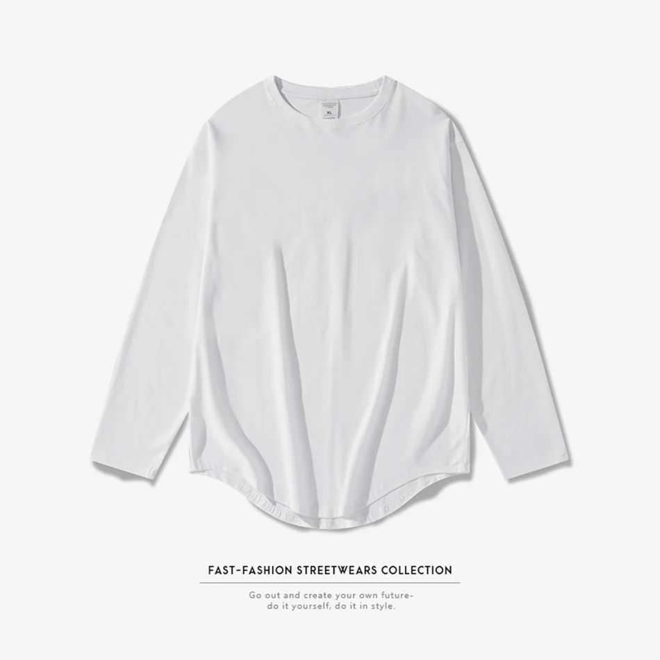 5 Color New Tide Cotton Oversize Men's T-shirt Round Neck Long Sleeve Curved Hem Loose T Shirts Black White High Street T-Shirts | Мужская