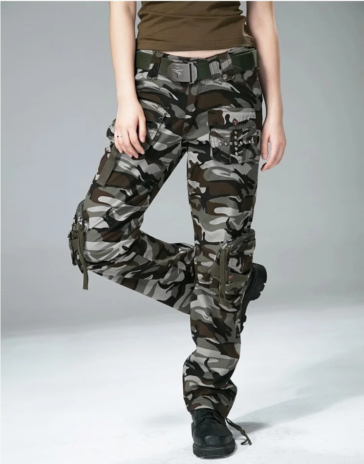 Camouflage Женские повседневные брюки-карго, женские прямые Военные Брюки с карманами, Размер 27-31 - Цвет: Camouflage