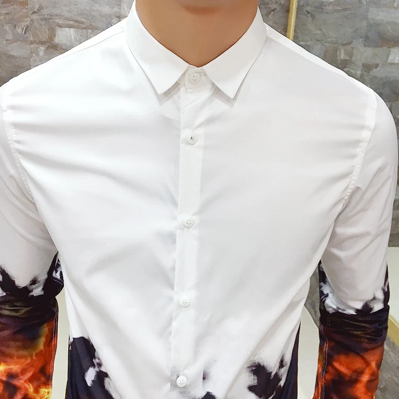 Мужская рубашка с длинным рукавом принтом в виде пламени|men long sleeve shirt|pattern shirtshirt
