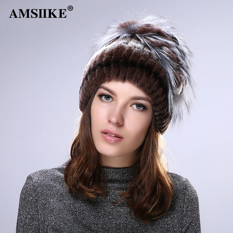 AMSIIKE Меховая шапка из Бобра с Бубоном Чернобурки TM712|winter woman cap|womens fashion capknit beanie hat |