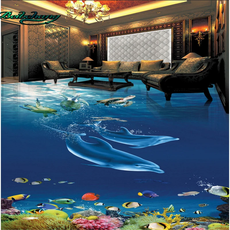 beibehang Dolphins turtle underwater world 3D stereo bathroom living room floor tiles large custom wallpaper murals | Обустройство
