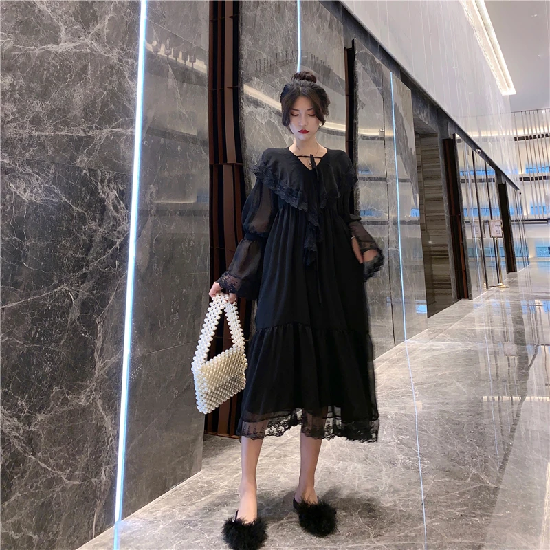 Женское платье-макси Ulzzang кружевное платье с длинным рукавом для отпуска и пляжа