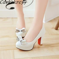 spring autumn new pattern europe america fashion round head high heeled women shoes sweet bow shallow mouth party women shoes