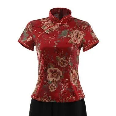 red A Sheng Coco женские топы в китайском стиле, зеленые Топы Cheongsam, шелковые атласы, китайская рубашка, элегантные топы с принтом пиона, китайская одежда - Цвет: red A
