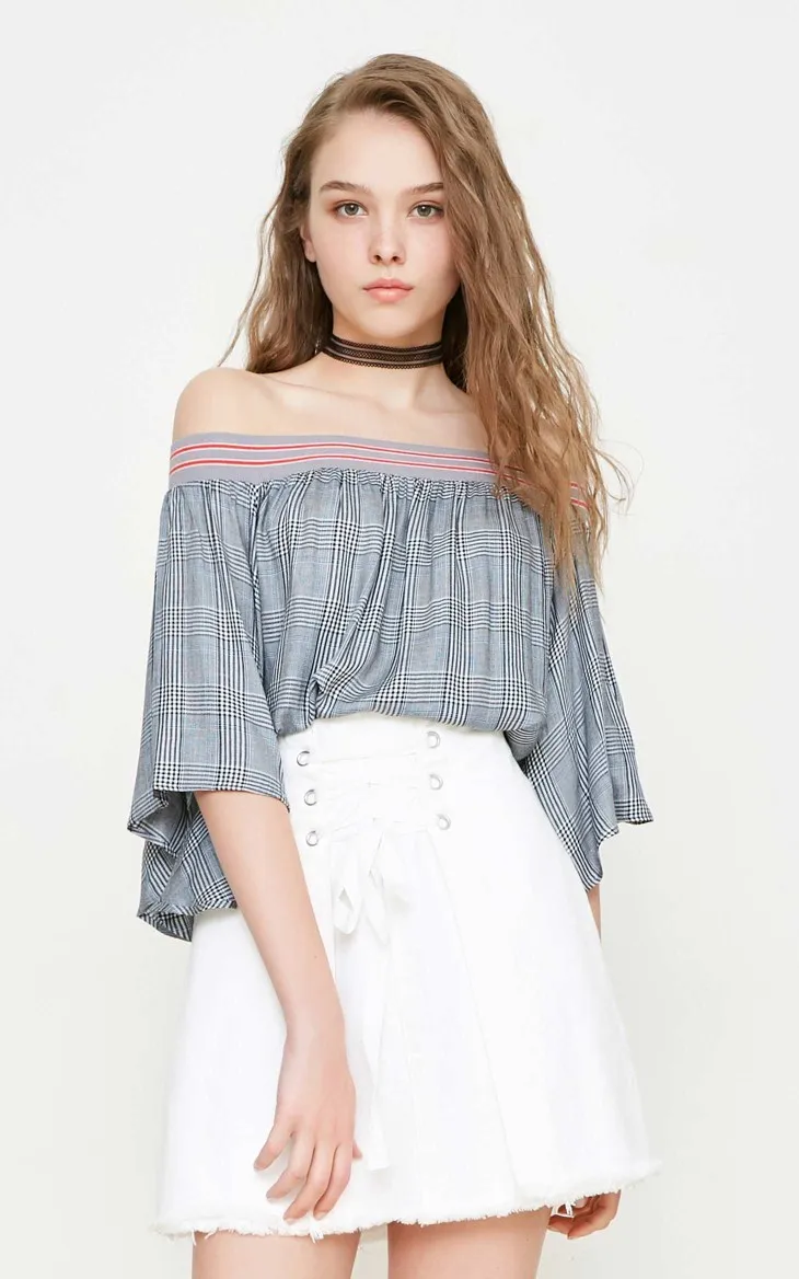 Vero Moda новые женские топы в клетку с открытыми плечами и эластичным вырезом лодочкой с расклешенными рукавами | 31836X503