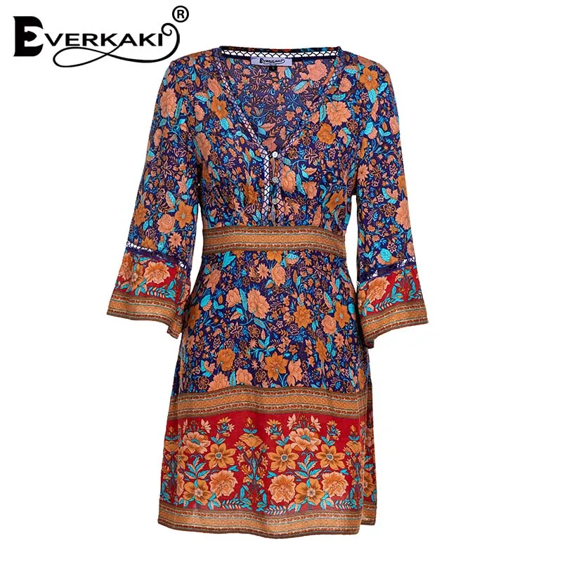Orange Dress Everkaki женское богемное мини-платье с цветочным принтом, хлопковое платье с v-образным вырезом и рукавом три четверти, богемное летнее платье для женщин, осень - Цвет: Orange Dress
