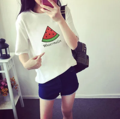 Flower High heeled shoes Cartoon watermelon Banana print Summer Women Tee Shirts Punk Round Neck Tops Girl Casual T-shirts | Женская