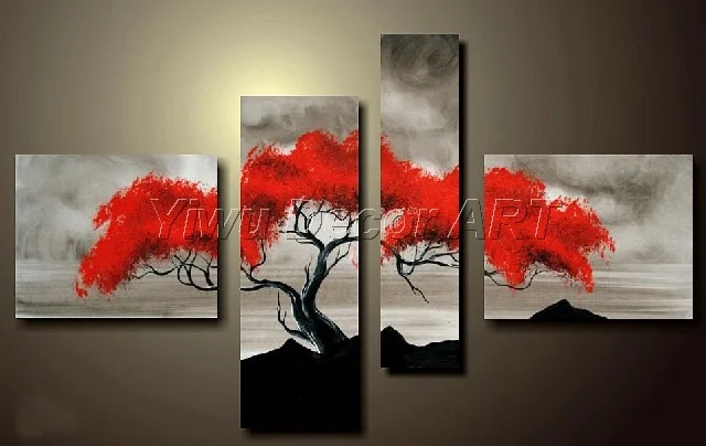 

YWDECOR 4 Panel Artist Painted Red Leaves Tree Landscape Oil Painting on Canvas Handmade Abstract Wall Art Picture Home Decor
