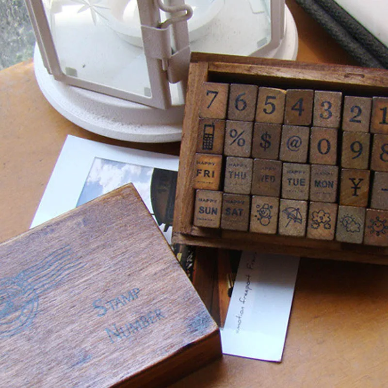 28 pieces / box number stamp DIY number stamp sealed wooden boxed retro diary accessories children's gifts