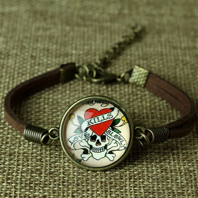 Elessical Хэллоуин изделия ручной работы кожаный браслет череп Стекло кабошон в