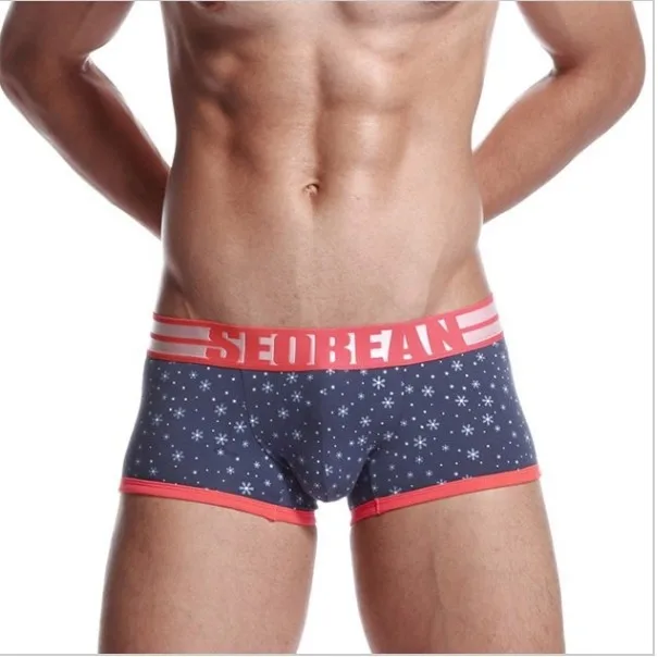 Мужские хлопковые трусы боксеры SEOBEAN синие и белые шорты с принтом снежинки