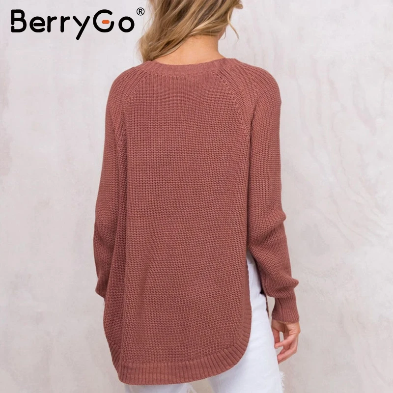 BerryGo Fashion side split knitting pullover Casual streetwear autumn winter sweater women 2018 elegant warm jumper pull femme | Женская