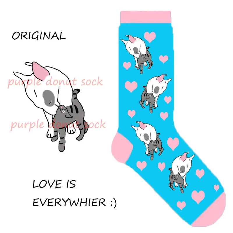 Женские носки с изображением кота и Бультерьера принтом в форме сердца рисунком