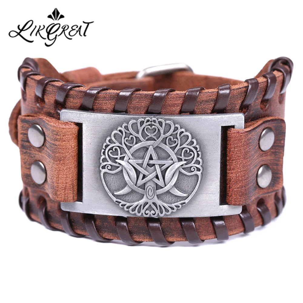 

LIKGREAT Moon Star Brown Genuine Leather Bracelet Wicca Tree of Life Pattern Bracelets Vintage Jewelry for Men Amulet Charms