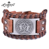 likgreat moon star brown genuine leather bracelet wicca tree of life pattern bracelets vintage jewelry for men amulet charms