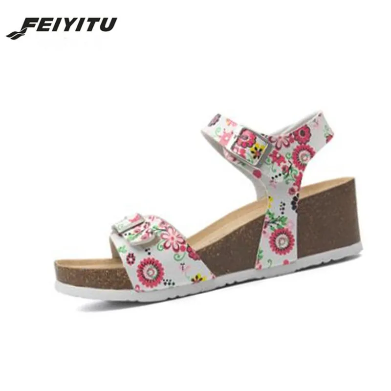 Женские пробковые сандалии FeiYiTu пляжные шлепанцы на танкетке с цветочным принтом