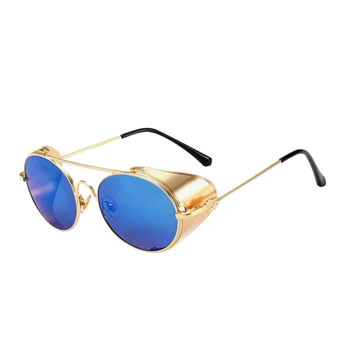 C04GoldBlue Новые роскошные металлические стимпанк стильные солнцезащитные очки мужские панк боковая защита Ретро Круглые Солнцезащитные очки UV400 очки PL1143 - Цвет линз: C04GoldBlue