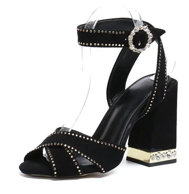 

summer woman black cross strap diamonds buckle chunky high heel sandal real photo large size custom make slingback sandal