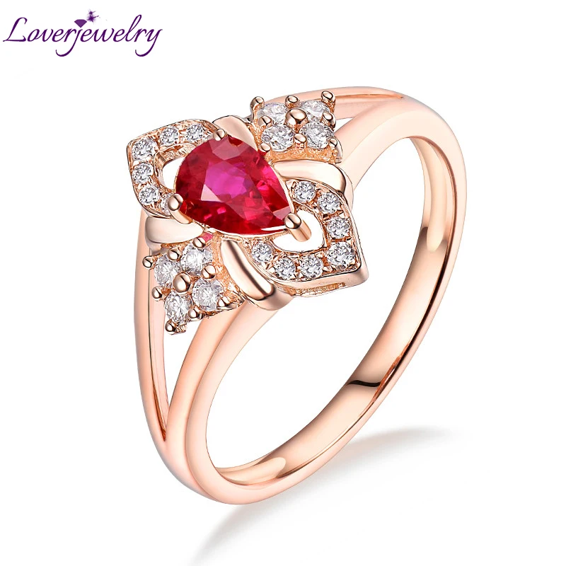 

LOVERJEWELRY Rubies Rings for Women Natural Pear Ruby Ring Real 14K Rose Gold VVS Diamond Jewelry Mom Christmas Best Gift