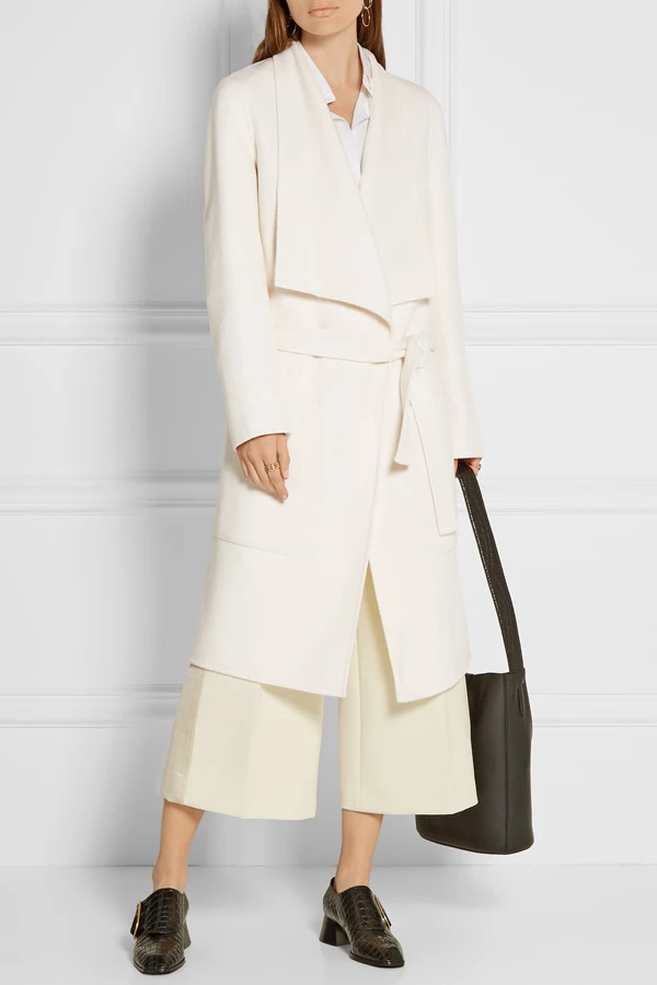 UK Manteau femme женское осенне-зимнее белое шерстяное простое длинное пальто макси с большими нагрудными карманами с поясом Женская Повседневная Верхняя одежда