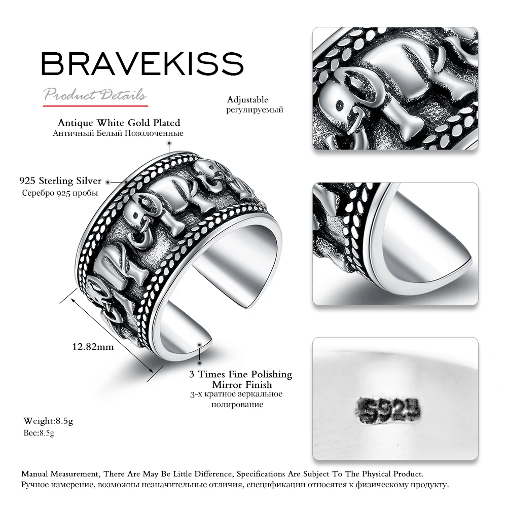 BRAVEKISS кольцо из стерлингового серебра 925 пробы с изображением слона античное