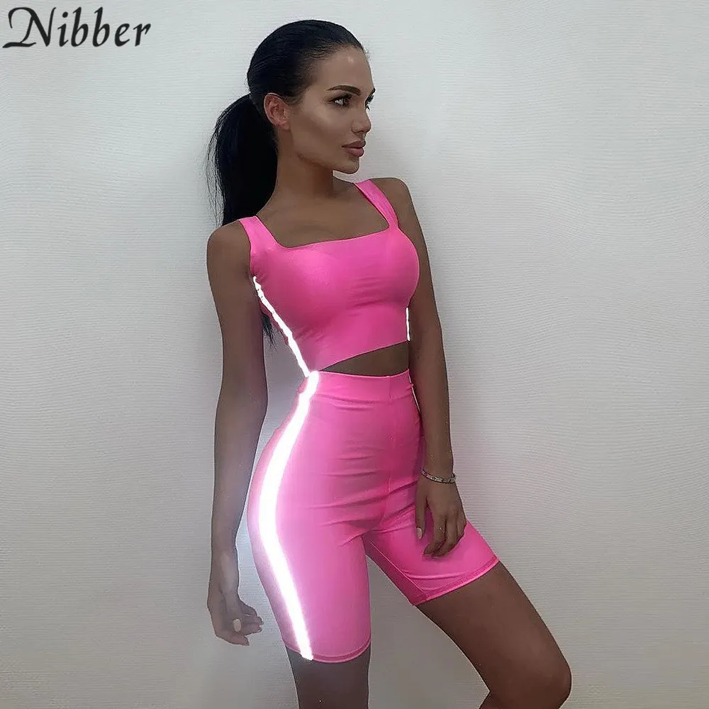 Nibber, неоновый цвет, светоотражающий лоскутный Женский комплект из двух предметов,, летний Повседневный укороченный топ, женские шорты, леггинсы, спортивный костюм для бега - Цвет: Фуксия