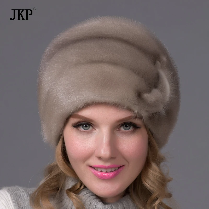 JKP 100% Real Natural Whole Fur Mink Fur Hat Women Winter Ear Protection Casual Floral Cap