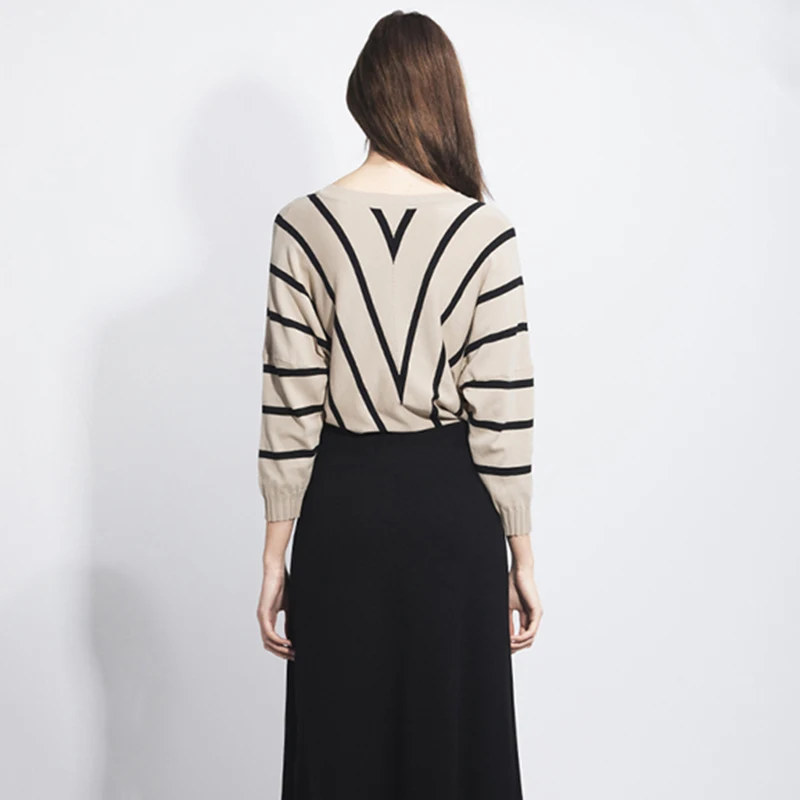 New Fashion Bat Sleeve Sweaters Casual Loose Tops Pull Femme Women Stripe Sweater Autumn Female V-Neck Knitted | Женская одежда