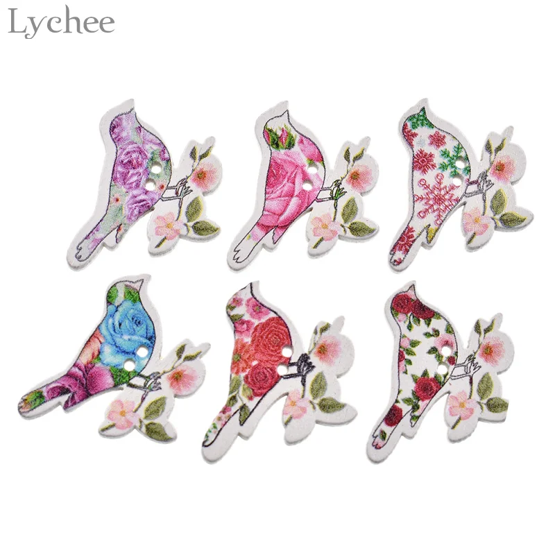 Lychee 50 шт Случайные 2 отверстия Деревянный Цветок Птица кнопки плоские с оборота для шитья Скрапбукинг Ремесло
