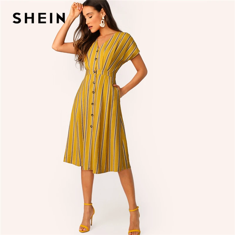 SHEIN модное платье-рубашка в полоску с рукавом летучая мышь и карманами сбоку, платье с высокой талией в стиле бохо, имбирное летнее платье с v-образным вырезом и коротким рукавом