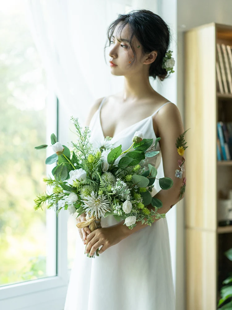 JaneVini Romantic White Bridal Bouquets Artificial Silk Rose Boho Bouquet Green Leaves Bridesmaid Holding Flowers Bouket Wedding | Свадьбы и