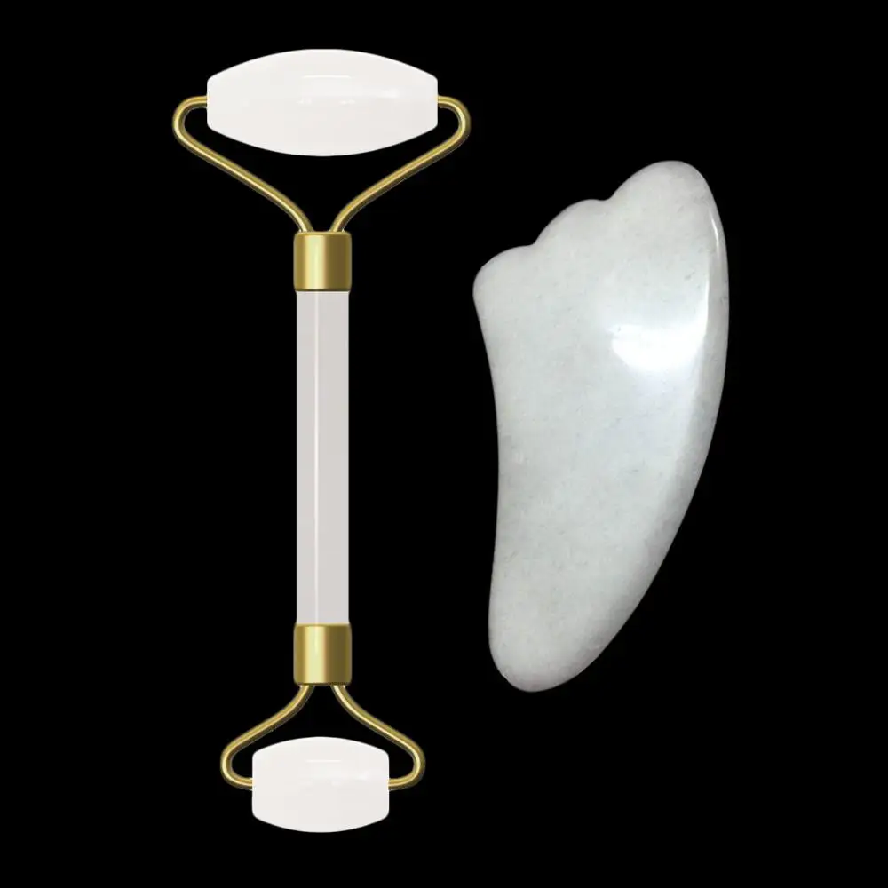White Whole Set Розовый кварц роликовый массажер для лица лифтинг инструмент натуральный нефрит для похудения массажный ролик для лица антицеллюлитный против морщин Guasha доска - Цвет: White Whole Set