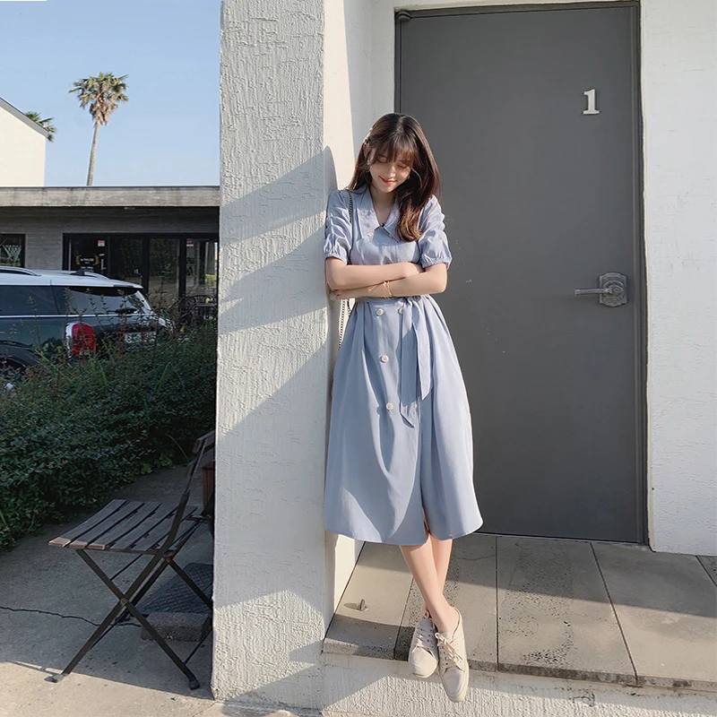 Mishow Повседневное летнее двубортное однотонное платье с поясом и отложным
