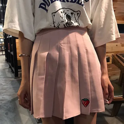 Хаки Харадзюку кавайная юбка ulzzang Красивая корейская вышивка клубника плиссированные студенческие девушки линия faldas mujer мини jupe femme - Цвет: Хаки