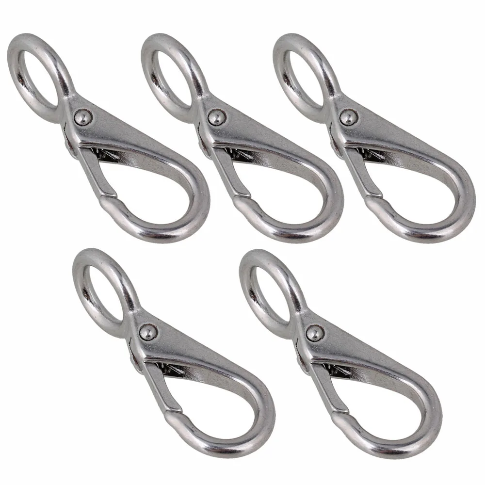 

55mm Silver 304 Stainless Steel 0# Carabiner Secure Lock Boat Clip Hook Fixed Eye Hook Link 5pcs