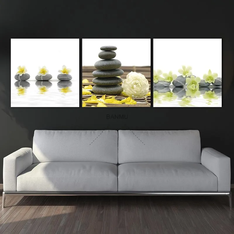 Pictures Prints on Canvas Wall Artwork 3 Pieces Yellow Flowers with Black Stone Modern Giclee Spa Zen Walls Art Work for Decor | Дом и сад