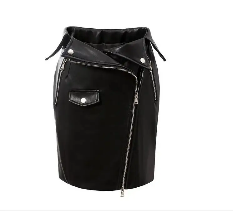 

new Europe solid color zipper low waist splicing pu leather skirt for women