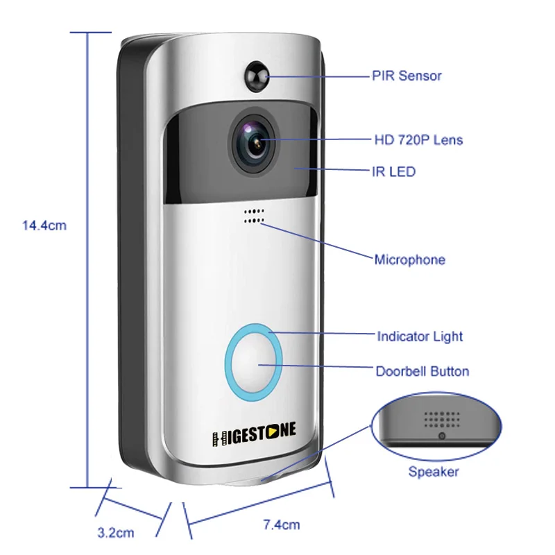 Higestone 720P Умная Беспроводная Видеодверь с Интеркомом, Камера с Датчиком Движения PIR, Ночной Режим, Кольцевой Звонок, Управление через Приложение, Двусторонний Голос.