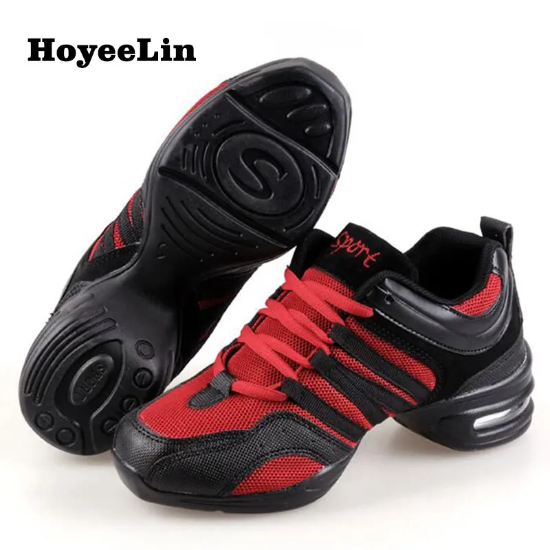 Black Red HoYeeLin/Женская обувь в стиле джаз из сетчатого материала; женские современные танцевальные кроссовки с мягкой подошвой; дышащая легкая обувь для танцев; обувь для фитнеса - Цвет: Black Red